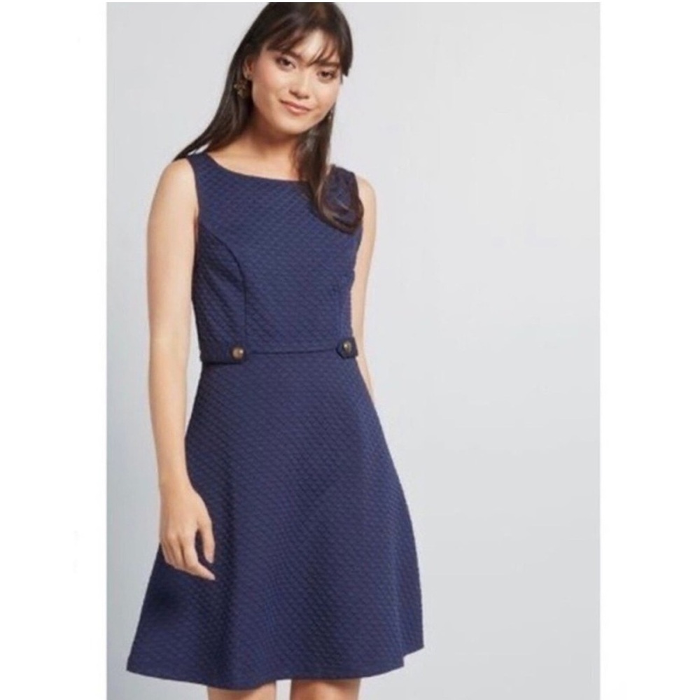 Modcloth Quilted Vintage Style Navy Fit & Flare Dress Size L
